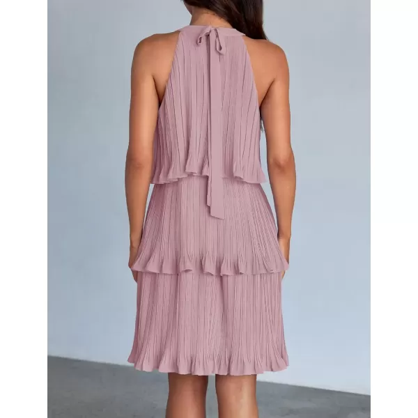 imageZESICA Womens 2024 Summer Halter Dresses Sleeveless Ruffle Tiered Layered Chiffon Pleated A Line Swing Mini DressDarkpink