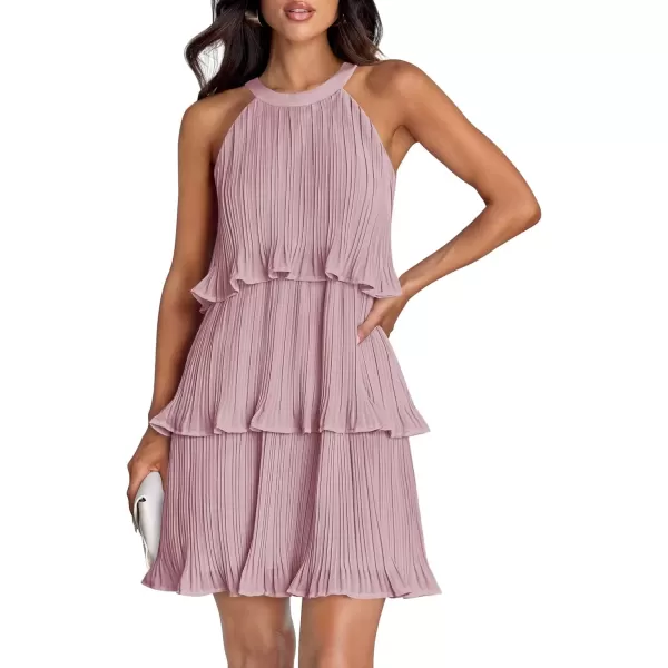 imageZESICA Womens 2024 Summer Halter Dresses Sleeveless Ruffle Tiered Layered Chiffon Pleated A Line Swing Mini DressDarkpink