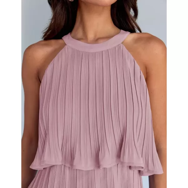 imageZESICA Womens 2024 Summer Halter Dresses Sleeveless Ruffle Tiered Layered Chiffon Pleated A Line Swing Mini DressDarkpink