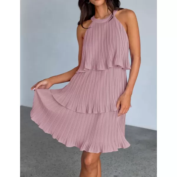 imageZESICA Womens 2024 Summer Halter Dresses Sleeveless Ruffle Tiered Layered Chiffon Pleated A Line Swing Mini DressDarkpink