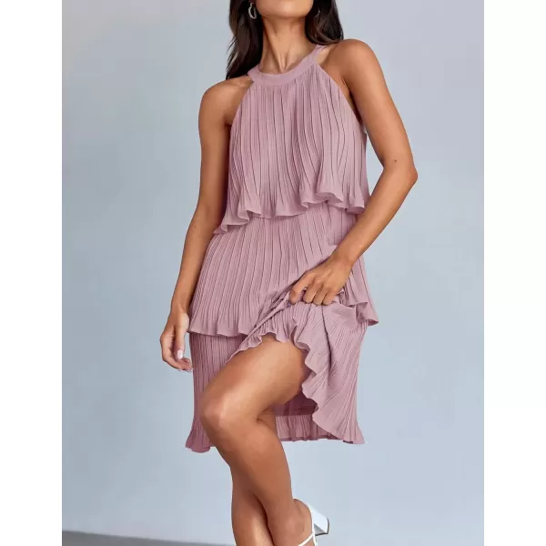imageZESICA Womens 2024 Summer Halter Dresses Sleeveless Ruffle Tiered Layered Chiffon Pleated A Line Swing Mini DressDarkpink
