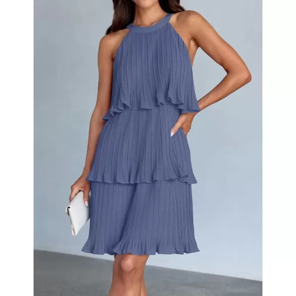 imageZESICA Womens 2024 Summer Halter Dresses Sleeveless Ruffle Tiered Layered Chiffon Pleated A Line Swing Mini DressDusty Blue