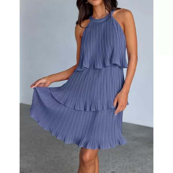 imageZESICA Womens 2024 Summer Halter Dresses Sleeveless Ruffle Tiered Layered Chiffon Pleated A Line Swing Mini DressDusty Blue