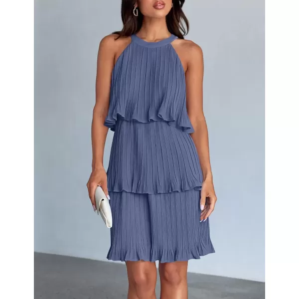 imageZESICA Womens 2024 Summer Halter Dresses Sleeveless Ruffle Tiered Layered Chiffon Pleated A Line Swing Mini DressDusty Blue