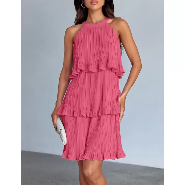 imageZESICA Womens 2024 Summer Halter Dresses Sleeveless Ruffle Tiered Layered Chiffon Pleated A Line Swing Mini DressHot Pink