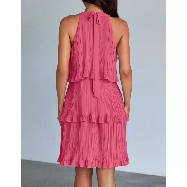 imageZESICA Womens 2024 Summer Halter Dresses Sleeveless Ruffle Tiered Layered Chiffon Pleated A Line Swing Mini DressHot Pink