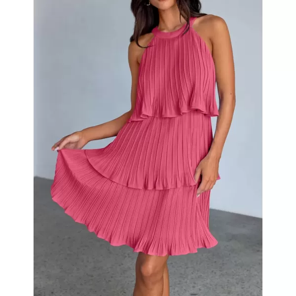 imageZESICA Womens 2024 Summer Halter Dresses Sleeveless Ruffle Tiered Layered Chiffon Pleated A Line Swing Mini DressHot Pink