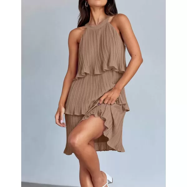 imageZESICA Womens 2024 Summer Halter Dresses Sleeveless Ruffle Tiered Layered Chiffon Pleated A Line Swing Mini DressKhaki