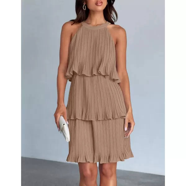 imageZESICA Womens 2024 Summer Halter Dresses Sleeveless Ruffle Tiered Layered Chiffon Pleated A Line Swing Mini DressKhaki