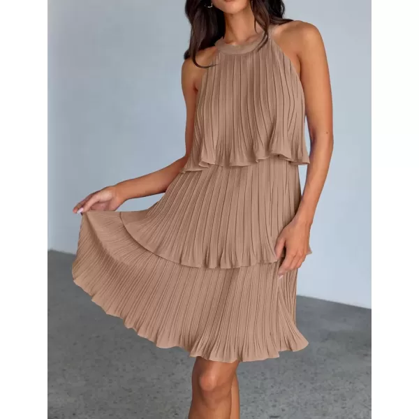 imageZESICA Womens 2024 Summer Halter Dresses Sleeveless Ruffle Tiered Layered Chiffon Pleated A Line Swing Mini DressKhaki