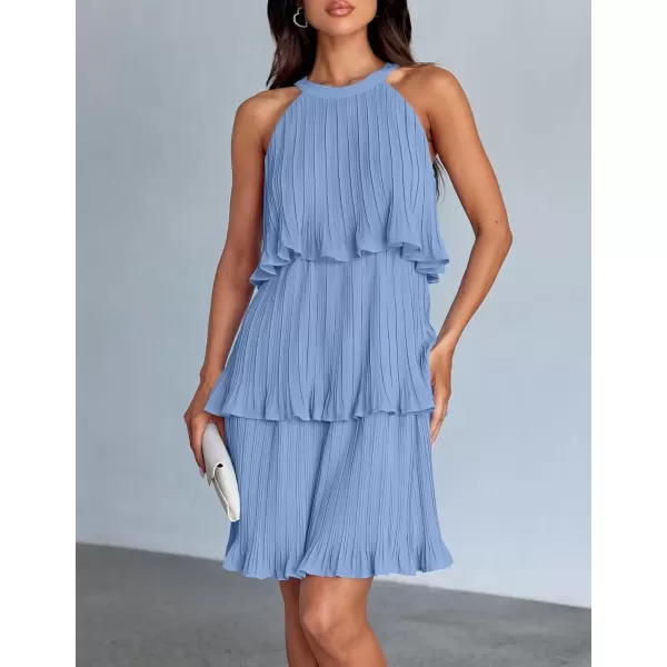 imageZESICA Womens 2024 Summer Halter Dresses Sleeveless Ruffle Tiered Layered Chiffon Pleated A Line Swing Mini DressLight Blue