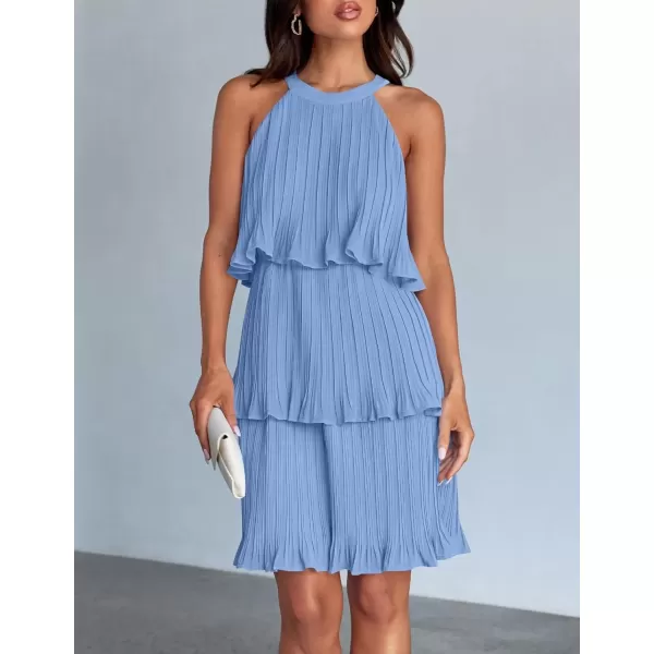 imageZESICA Womens 2024 Summer Halter Dresses Sleeveless Ruffle Tiered Layered Chiffon Pleated A Line Swing Mini DressLight Blue