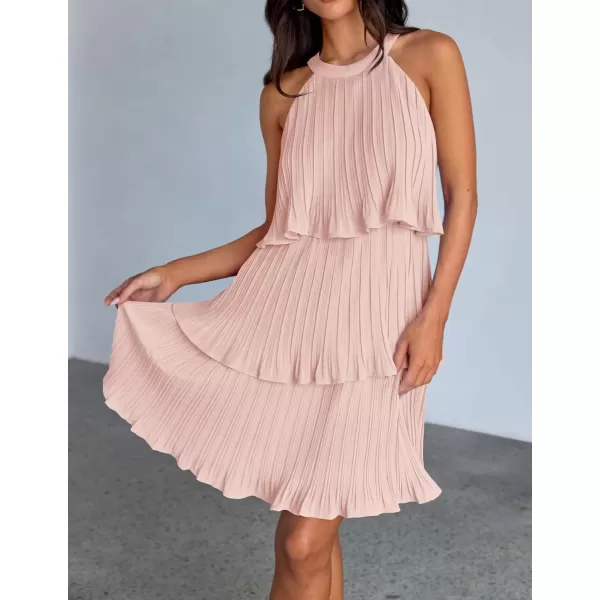 imageZESICA Womens 2024 Summer Halter Dresses Sleeveless Ruffle Tiered Layered Chiffon Pleated A Line Swing Mini DressPink