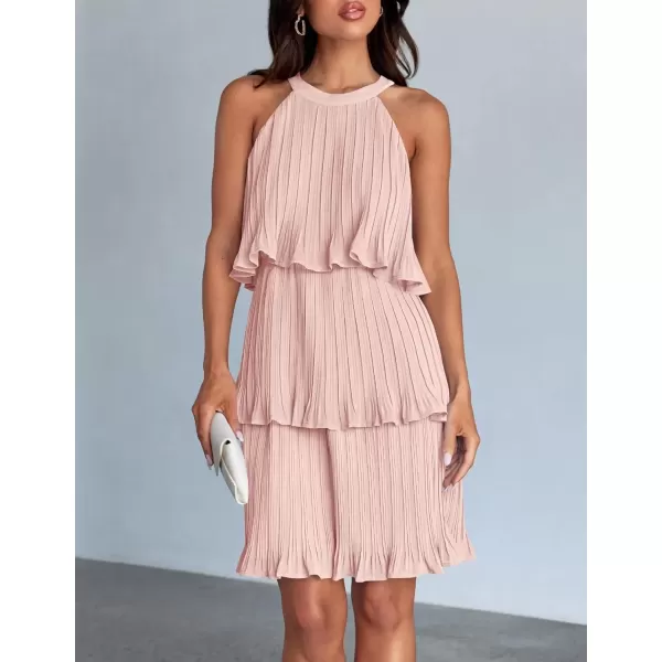 imageZESICA Womens 2024 Summer Halter Dresses Sleeveless Ruffle Tiered Layered Chiffon Pleated A Line Swing Mini DressPink