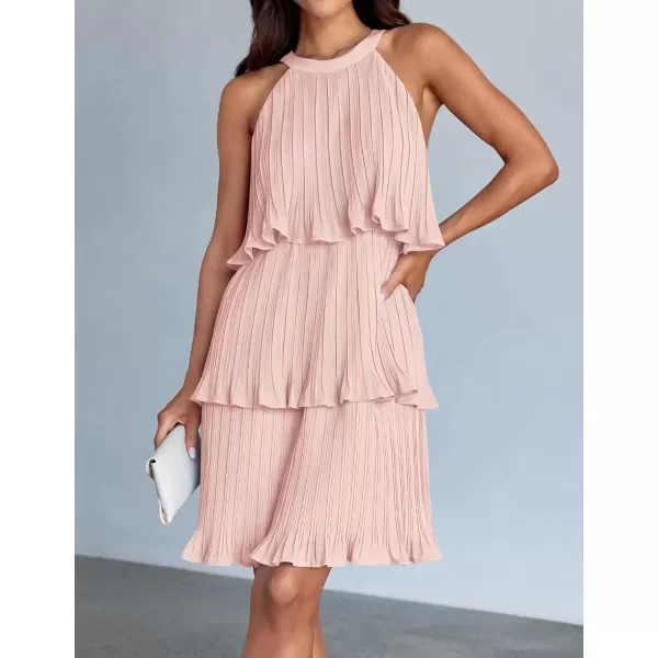 imageZESICA Womens 2024 Summer Halter Dresses Sleeveless Ruffle Tiered Layered Chiffon Pleated A Line Swing Mini DressPink