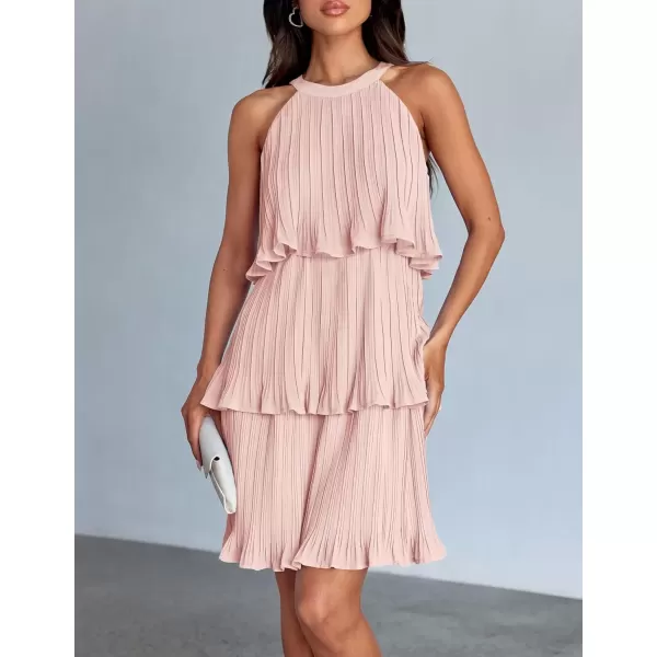 imageZESICA Womens 2024 Summer Halter Dresses Sleeveless Ruffle Tiered Layered Chiffon Pleated A Line Swing Mini DressPink