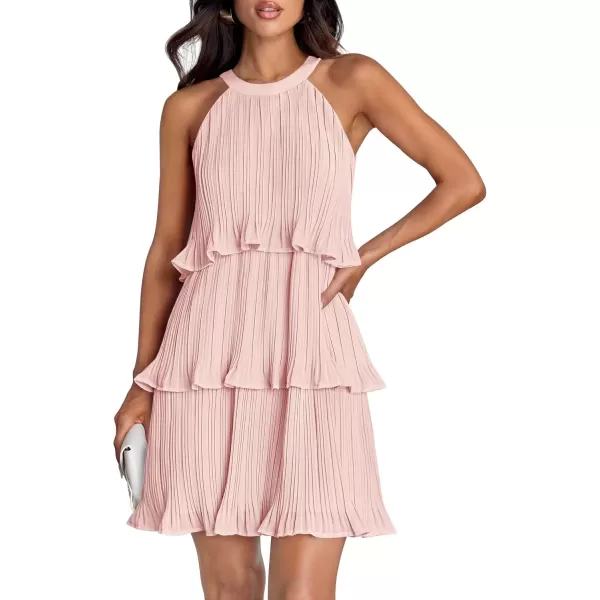 imageZESICA Womens 2024 Summer Halter Dresses Sleeveless Ruffle Tiered Layered Chiffon Pleated A Line Swing Mini DressPink