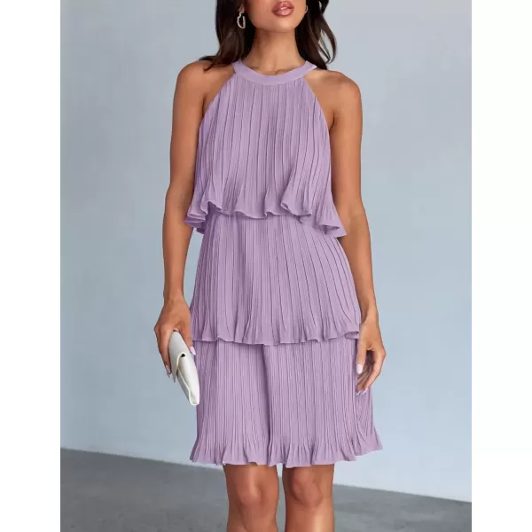 imageZESICA Womens 2024 Summer Halter Dresses Sleeveless Ruffle Tiered Layered Chiffon Pleated A Line Swing Mini DressPurple