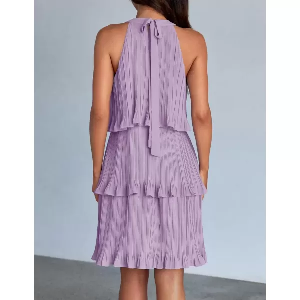 imageZESICA Womens 2024 Summer Halter Dresses Sleeveless Ruffle Tiered Layered Chiffon Pleated A Line Swing Mini DressPurple