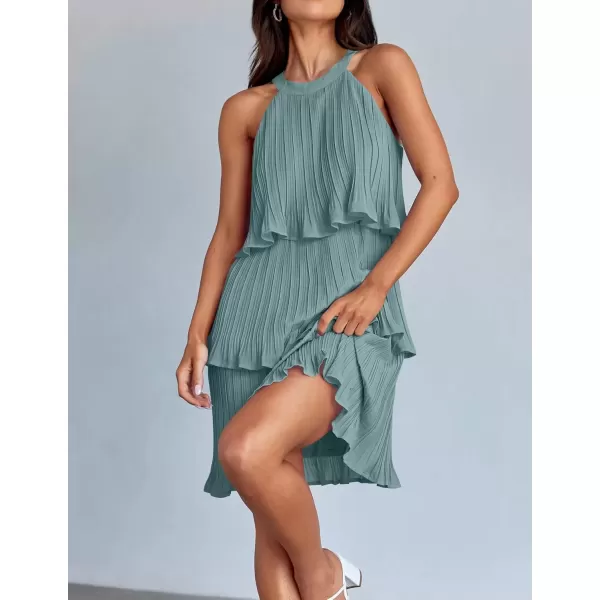 imageZESICA Womens 2024 Summer Halter Dresses Sleeveless Ruffle Tiered Layered Chiffon Pleated A Line Swing Mini DressSage