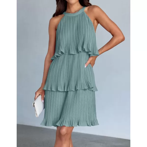 imageZESICA Womens 2024 Summer Halter Dresses Sleeveless Ruffle Tiered Layered Chiffon Pleated A Line Swing Mini DressSage