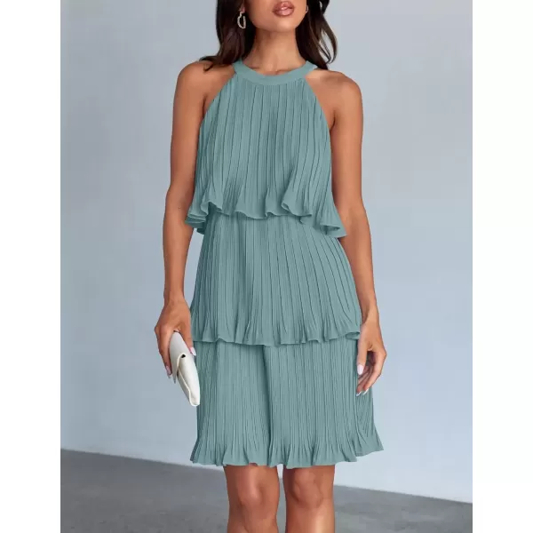 imageZESICA Womens 2024 Summer Halter Dresses Sleeveless Ruffle Tiered Layered Chiffon Pleated A Line Swing Mini DressSage