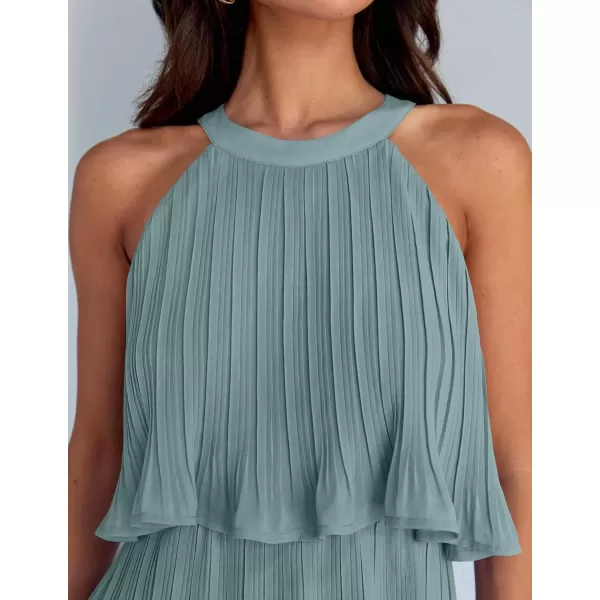 imageZESICA Womens 2024 Summer Halter Dresses Sleeveless Ruffle Tiered Layered Chiffon Pleated A Line Swing Mini DressSage