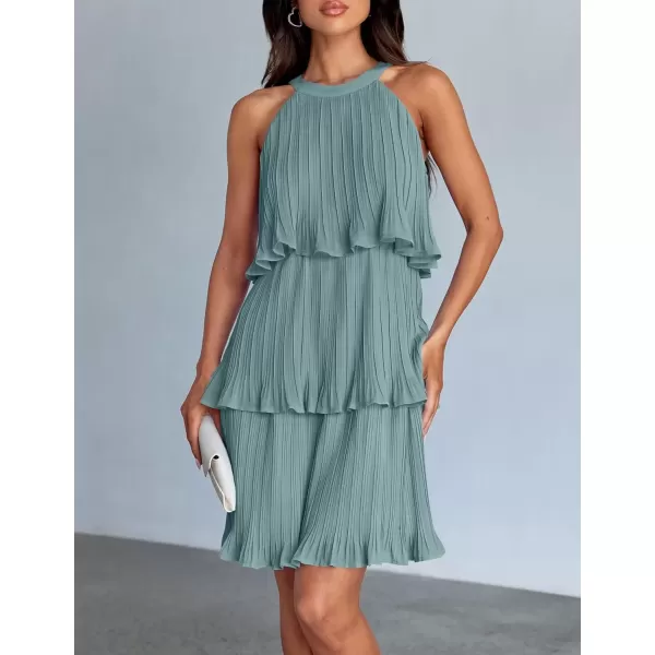 imageZESICA Womens 2024 Summer Halter Dresses Sleeveless Ruffle Tiered Layered Chiffon Pleated A Line Swing Mini DressSage
