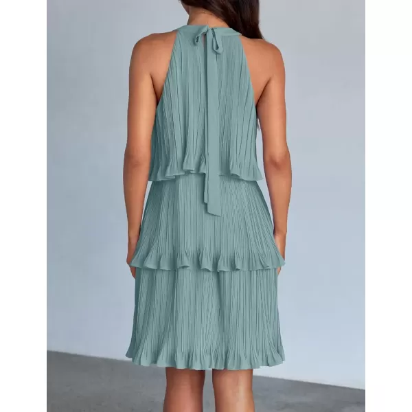imageZESICA Womens 2024 Summer Halter Dresses Sleeveless Ruffle Tiered Layered Chiffon Pleated A Line Swing Mini DressSage