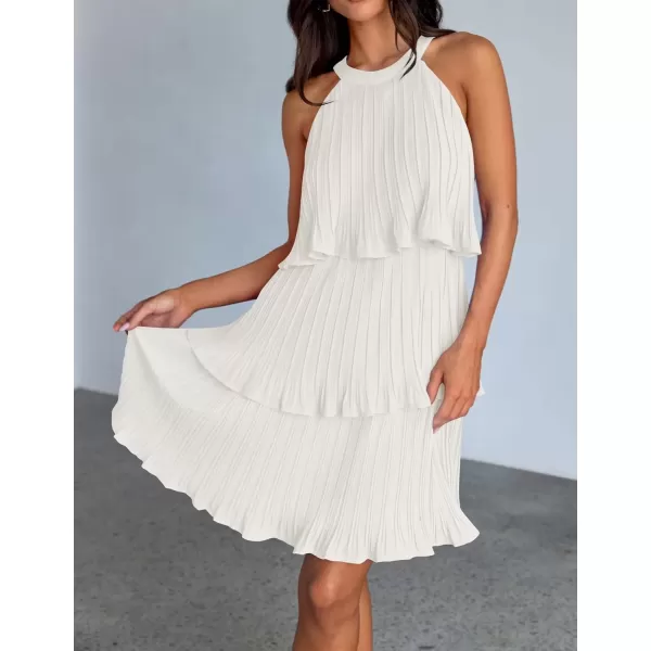 imageZESICA Womens 2024 Summer Halter Dresses Sleeveless Ruffle Tiered Layered Chiffon Pleated A Line Swing Mini DressWhite