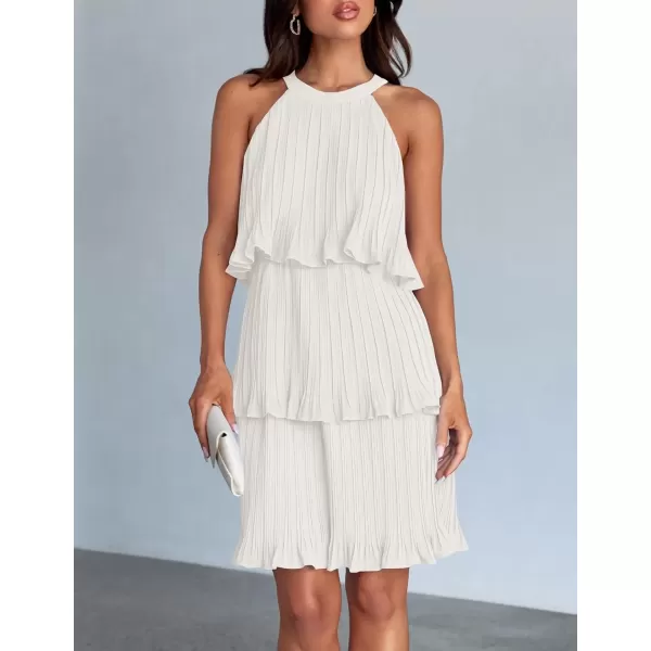 imageZESICA Womens 2024 Summer Halter Dresses Sleeveless Ruffle Tiered Layered Chiffon Pleated A Line Swing Mini DressWhite