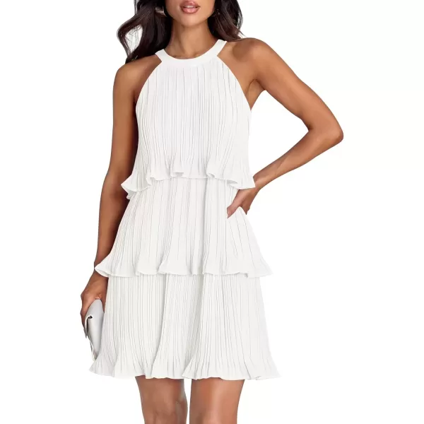 imageZESICA Womens 2024 Summer Halter Dresses Sleeveless Ruffle Tiered Layered Chiffon Pleated A Line Swing Mini DressWhite