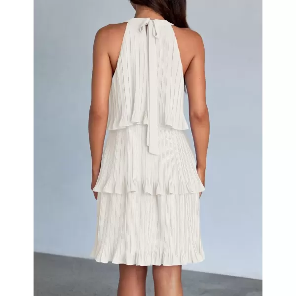 imageZESICA Womens 2024 Summer Halter Dresses Sleeveless Ruffle Tiered Layered Chiffon Pleated A Line Swing Mini DressWhite