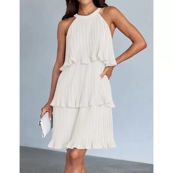 imageZESICA Womens 2024 Summer Halter Dresses Sleeveless Ruffle Tiered Layered Chiffon Pleated A Line Swing Mini DressWhite