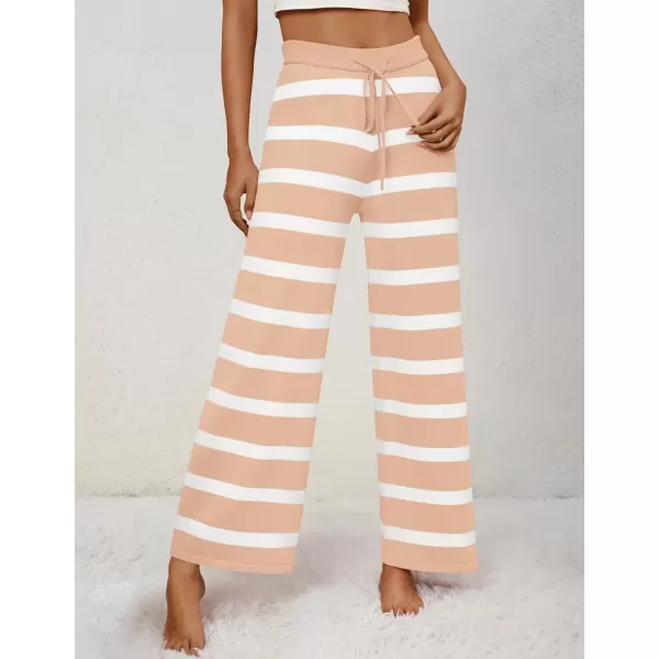 imageZESICA Womens Casual Striped Wide Leg Pants Elastic Waist Drawstring Knit Loose Soft Pajama Lounge Pants Fall ClothesApricot