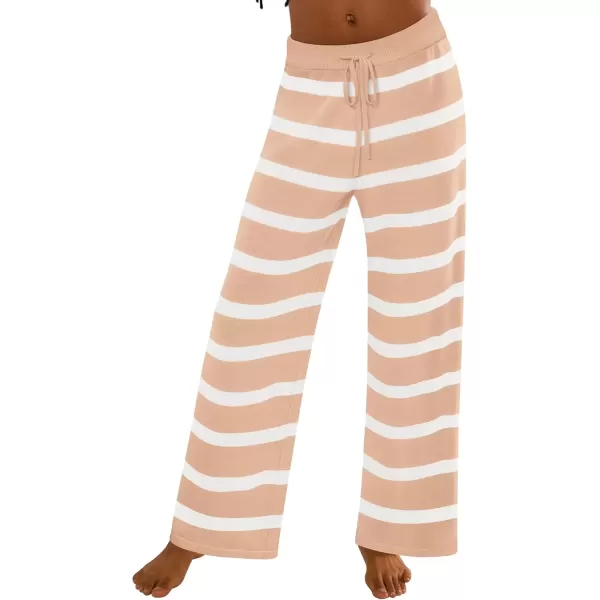 imageZESICA Womens Casual Striped Wide Leg Pants Elastic Waist Drawstring Knit Loose Soft Pajama Lounge Pants Fall ClothesApricot