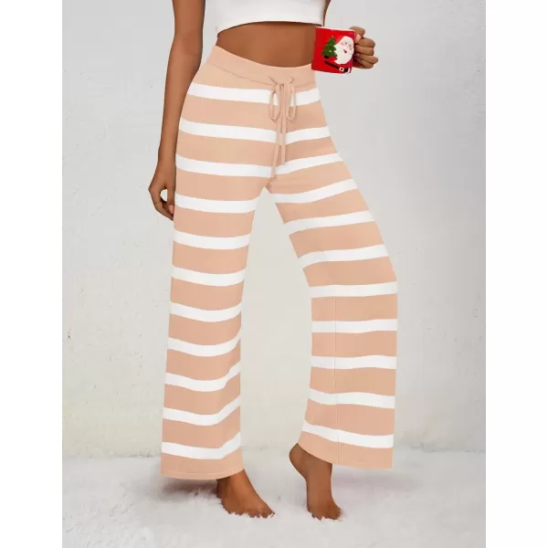 imageZESICA Womens Casual Striped Wide Leg Pants Elastic Waist Drawstring Knit Loose Soft Pajama Lounge Pants Fall ClothesApricot