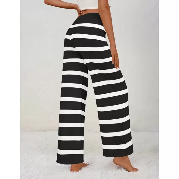 imageZESICA Womens Casual Striped Wide Leg Pants Elastic Waist Drawstring Knit Loose Soft Pajama Lounge Pants Fall ClothesBlack