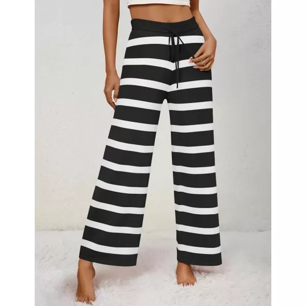 imageZESICA Womens Casual Striped Wide Leg Pants Elastic Waist Drawstring Knit Loose Soft Pajama Lounge Pants Fall ClothesBlack