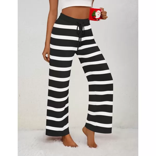 imageZESICA Womens Casual Striped Wide Leg Pants Elastic Waist Drawstring Knit Loose Soft Pajama Lounge Pants Fall ClothesBlack