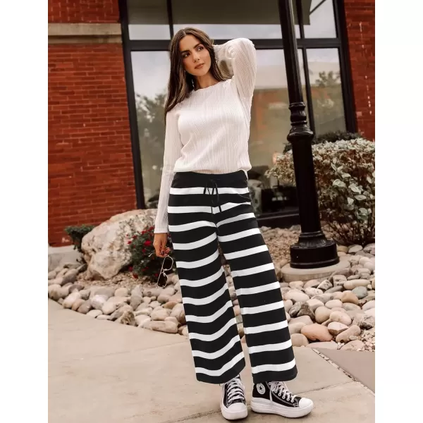 imageZESICA Womens Casual Striped Wide Leg Pants Elastic Waist Drawstring Knit Loose Soft Pajama Lounge Pants Fall ClothesBlack