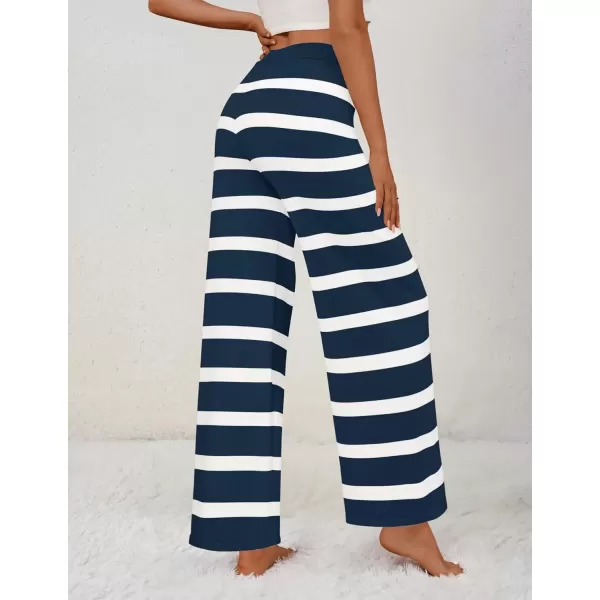 imageZESICA Womens Casual Striped Wide Leg Pants Elastic Waist Drawstring Knit Loose Soft Pajama Lounge Pants Fall ClothesDark Blue
