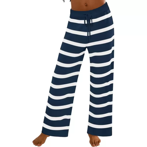 imageZESICA Womens Casual Striped Wide Leg Pants Elastic Waist Drawstring Knit Loose Soft Pajama Lounge Pants Fall ClothesDark Blue