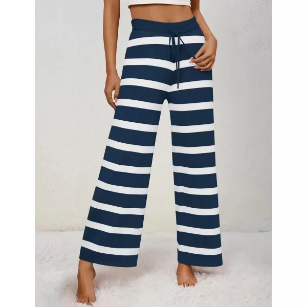 imageZESICA Womens Casual Striped Wide Leg Pants Elastic Waist Drawstring Knit Loose Soft Pajama Lounge Pants Fall ClothesDark Blue