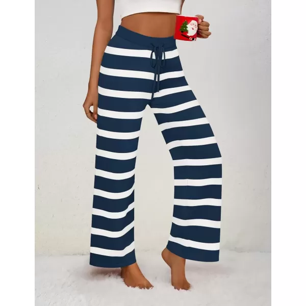 imageZESICA Womens Casual Striped Wide Leg Pants Elastic Waist Drawstring Knit Loose Soft Pajama Lounge Pants Fall ClothesDark Blue