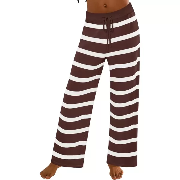 imageZESICA Womens Casual Striped Wide Leg Pants Elastic Waist Drawstring Knit Loose Soft Pajama Lounge Pants Fall ClothesDark Brown