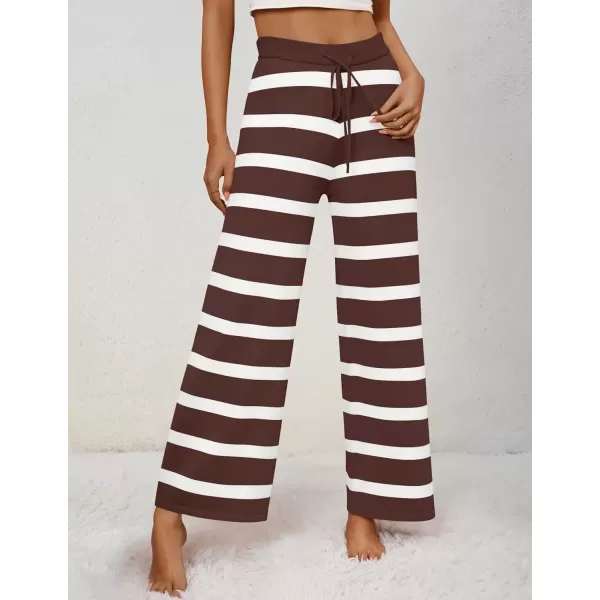 imageZESICA Womens Casual Striped Wide Leg Pants Elastic Waist Drawstring Knit Loose Soft Pajama Lounge Pants Fall ClothesDark Brown