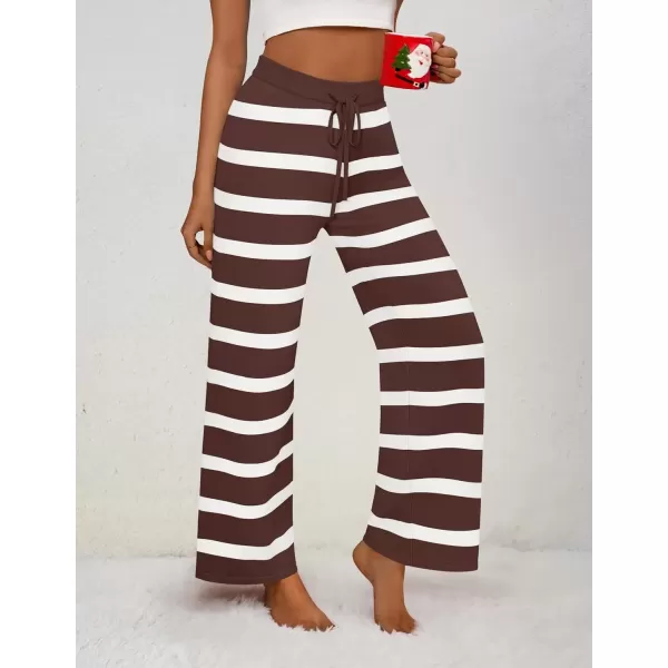 imageZESICA Womens Casual Striped Wide Leg Pants Elastic Waist Drawstring Knit Loose Soft Pajama Lounge Pants Fall ClothesDark Brown