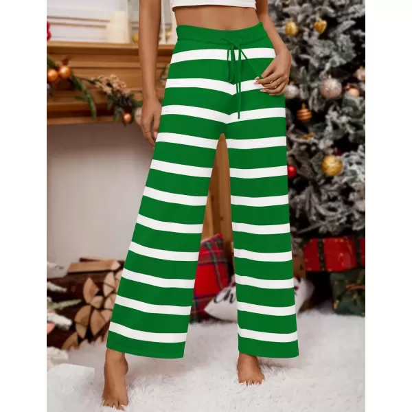 imageZESICA Womens Casual Striped Wide Leg Pants Elastic Waist Drawstring Knit Loose Soft Pajama Lounge Pants Fall ClothesGreen