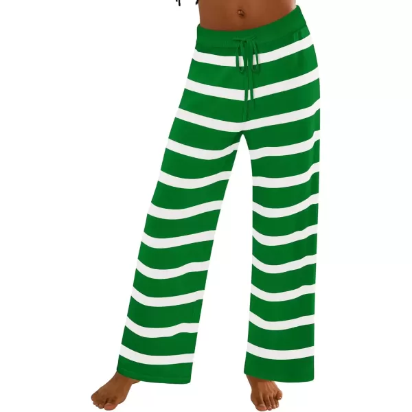 imageZESICA Womens Casual Striped Wide Leg Pants Elastic Waist Drawstring Knit Loose Soft Pajama Lounge Pants Fall ClothesGreen